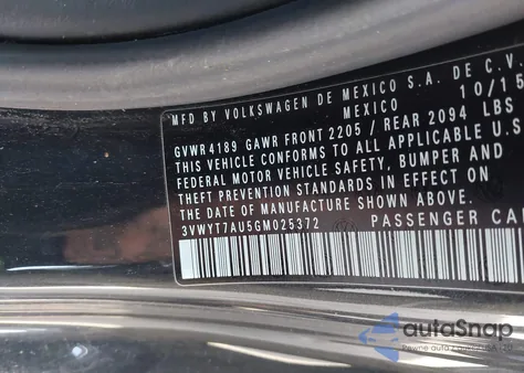 2016 Volkswagen Golf Gti S 2-Door z USA, uszkodzony, nr VIN 3VWYT7AU5GM025372